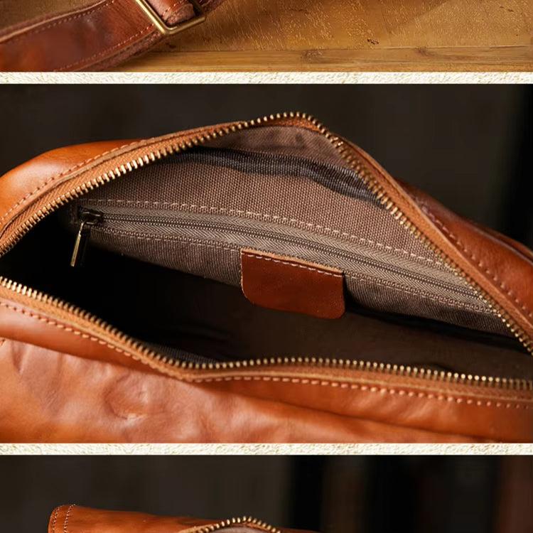 Borsa a tracolla in pelle marrone con cerniera aperta, tasca interna visibile. Elegante e pratica per lavoro o viaggio. Accessorio moda uomo.