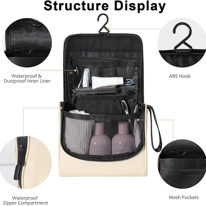 Borsa da toilette appesa con gancio ABS, tasche a rete, scomparto impermeabile e fodera interna. Ideale per viaggi, organizzazione bagno.