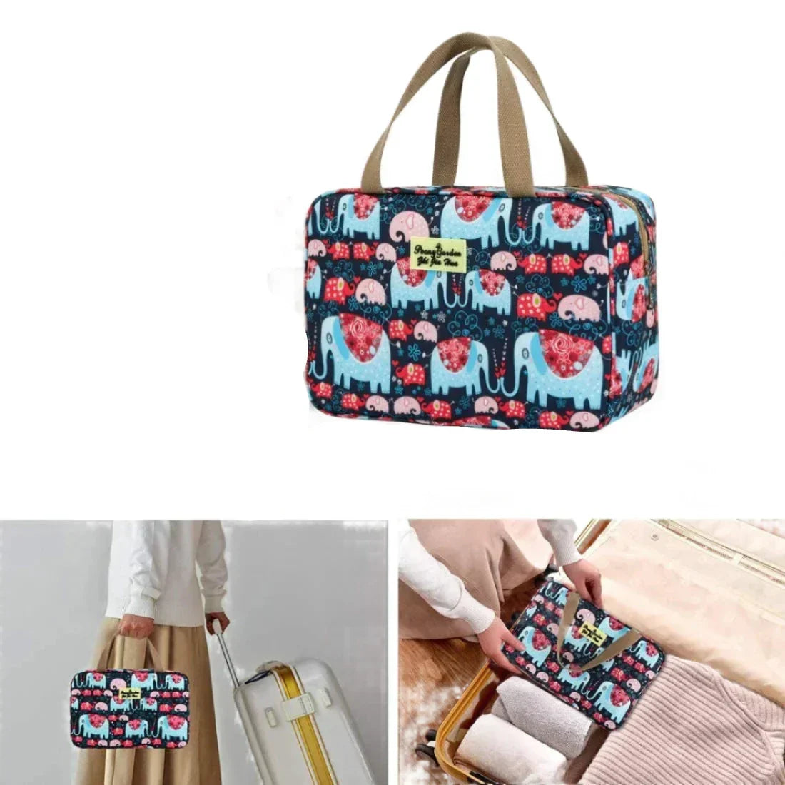 Borsa da viaggio con stampa elefanti colorati, manici beige, ideale per organizzare valigia. Design compatto e pratico per viaggiatori.