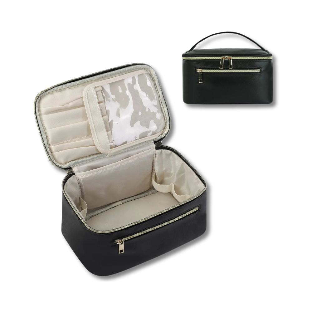 Borsa cosmetica nera in pelle sintetica con cerniera, scomparti interni, tasca trasparente e manico. Ideale per viaggio e organizzazione trucco.