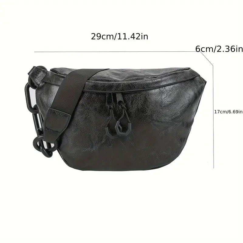 Marsupio in pelle nera, dimensioni 29x6x17 cm, con cerniera e tracolla regolabile. Accessorio moda unisex, ideale per viaggi e uso quotidiano.