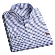 Camicia a quadri blu e bianchi da uomo, manica lunga, colletto classico, ricamo cavallo, cotone, elegante e casual.