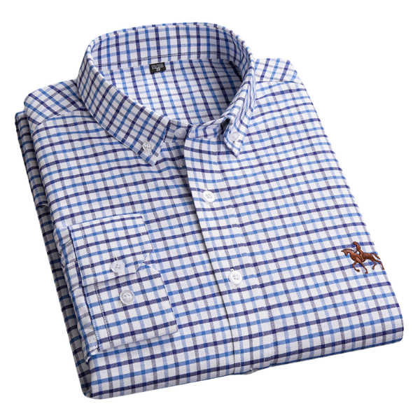 Camicia a quadri blu e bianchi da uomo, manica lunga, colletto classico, ricamo cavallo, cotone, elegante e casual.