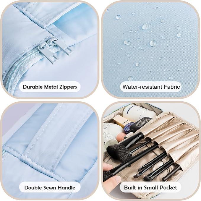 Borsa da viaggio con cerniere in metallo durevoli, tessuto impermeabile, manico doppio cucito e tasca interna per cosmetici. Accessori organizzati.