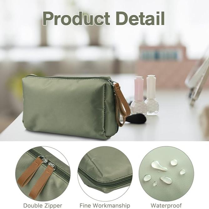 Borsa cosmetica verde impermeabile con doppia cerniera, dettagli raffinati, ideale per trucco e accessori. Design elegante e funzionale.