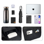 Set di accessori da viaggio: borraccia termica, auricolari, ombrello pieghevole, tablet, power bank, smartphone, portafoglio, organizer.