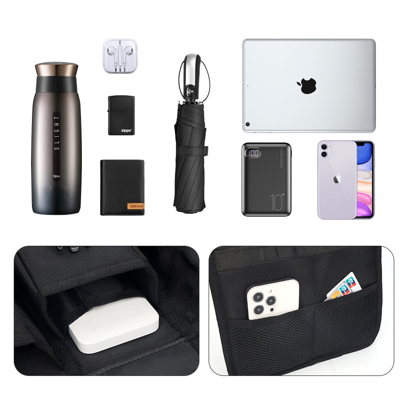 Set di accessori da viaggio: borraccia termica, auricolari, ombrello pieghevole, tablet, power bank, smartphone, portafoglio, organizer.