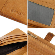 Portafoglio in pelle marrone chiaro con scomparti multipli, finestra ID trasparente e cerniera. Design elegante e funzionale per uomo e donna.