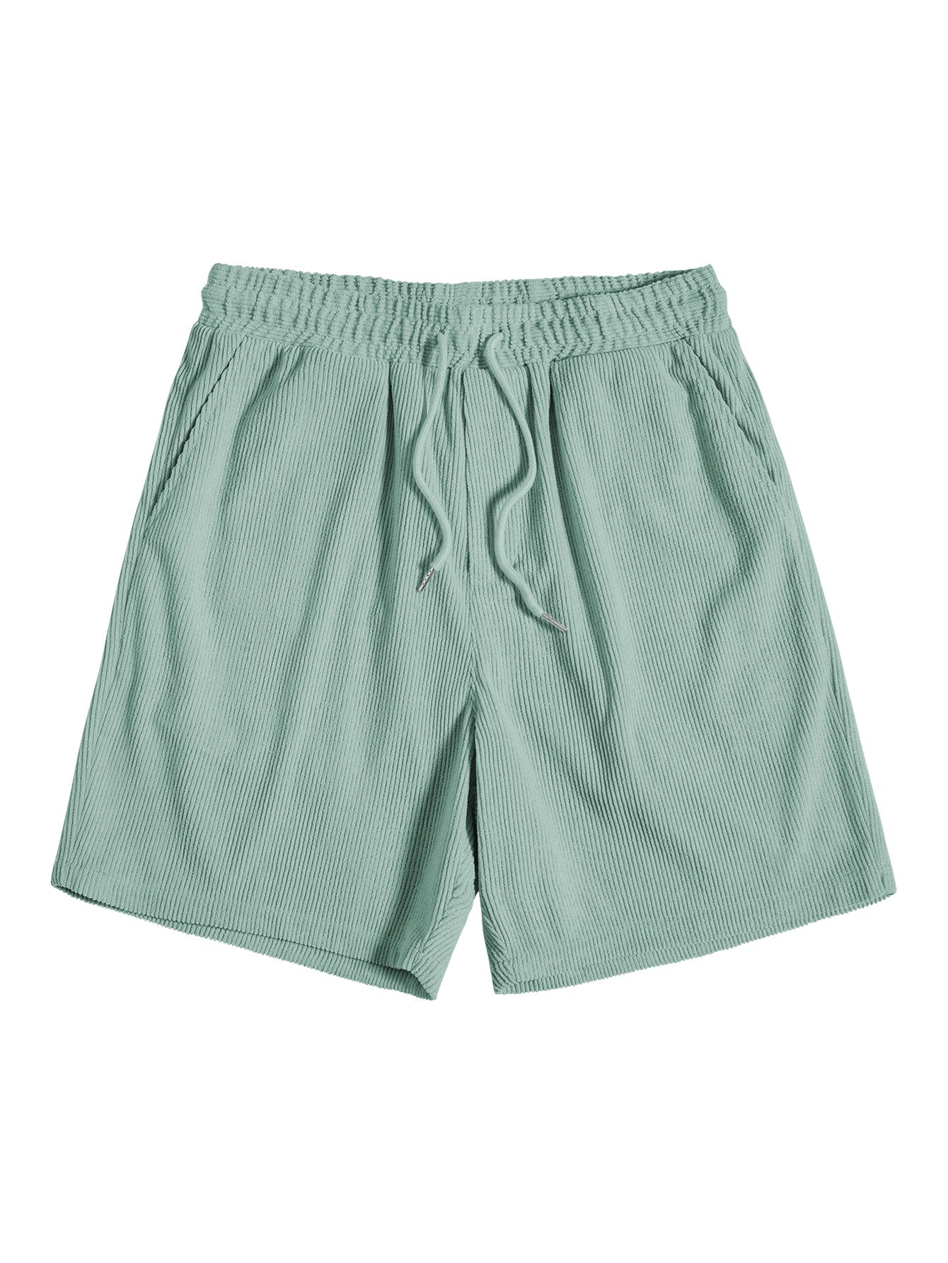 Pantaloncini corti verde menta in tessuto a coste, con elastico in vita e laccio regolabile. Design casual estivo, ideale per uomo.