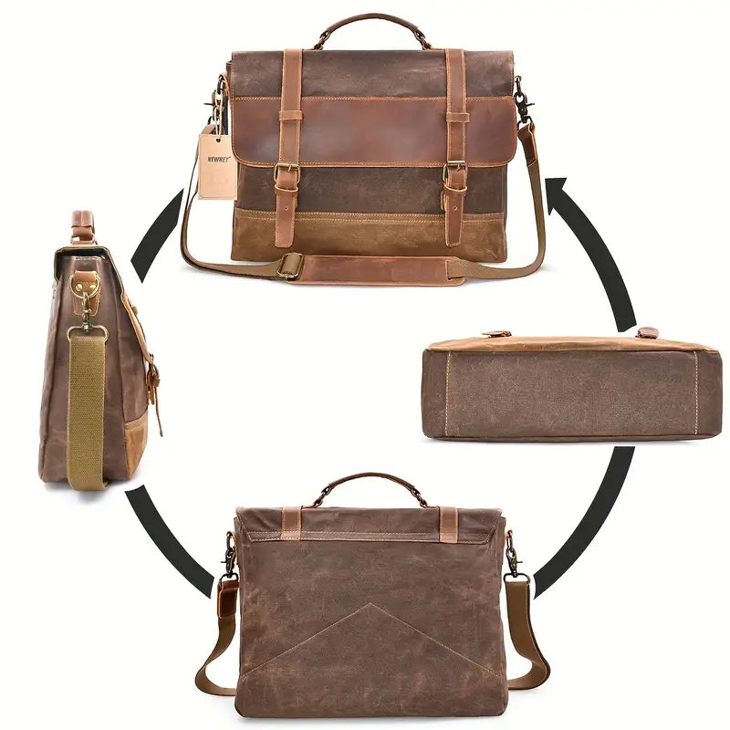 Borsa messenger in pelle marrone vintage, design a tracolla, tasche multiple, chiusura a fibbia, ideale per lavoro e viaggio.