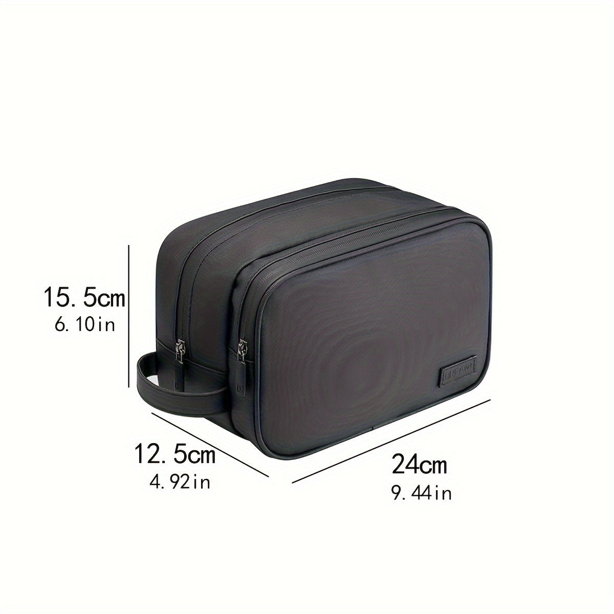 Borsa da toilette nera in pelle sintetica, dimensioni 24x12,5x15,5 cm, doppia cerniera, manico laterale, ideale per viaggio e organizzazione accessori.