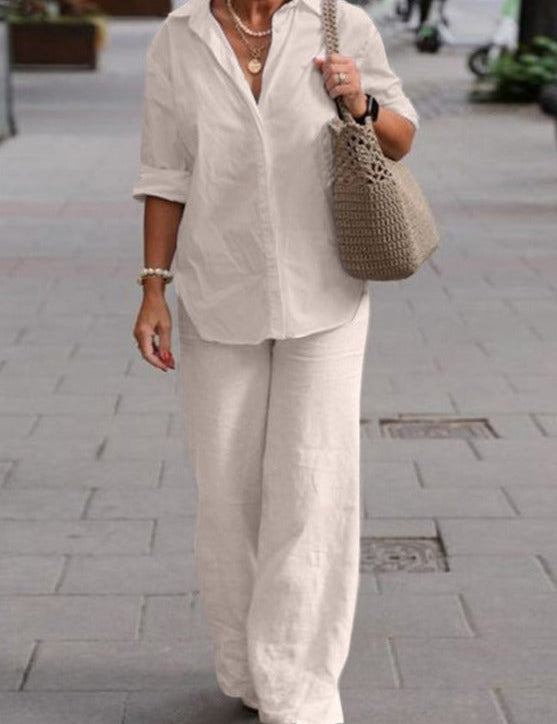 Livia - Elegantissimo Completo in Cotone: Camicia e Pantaloni Abbinati!