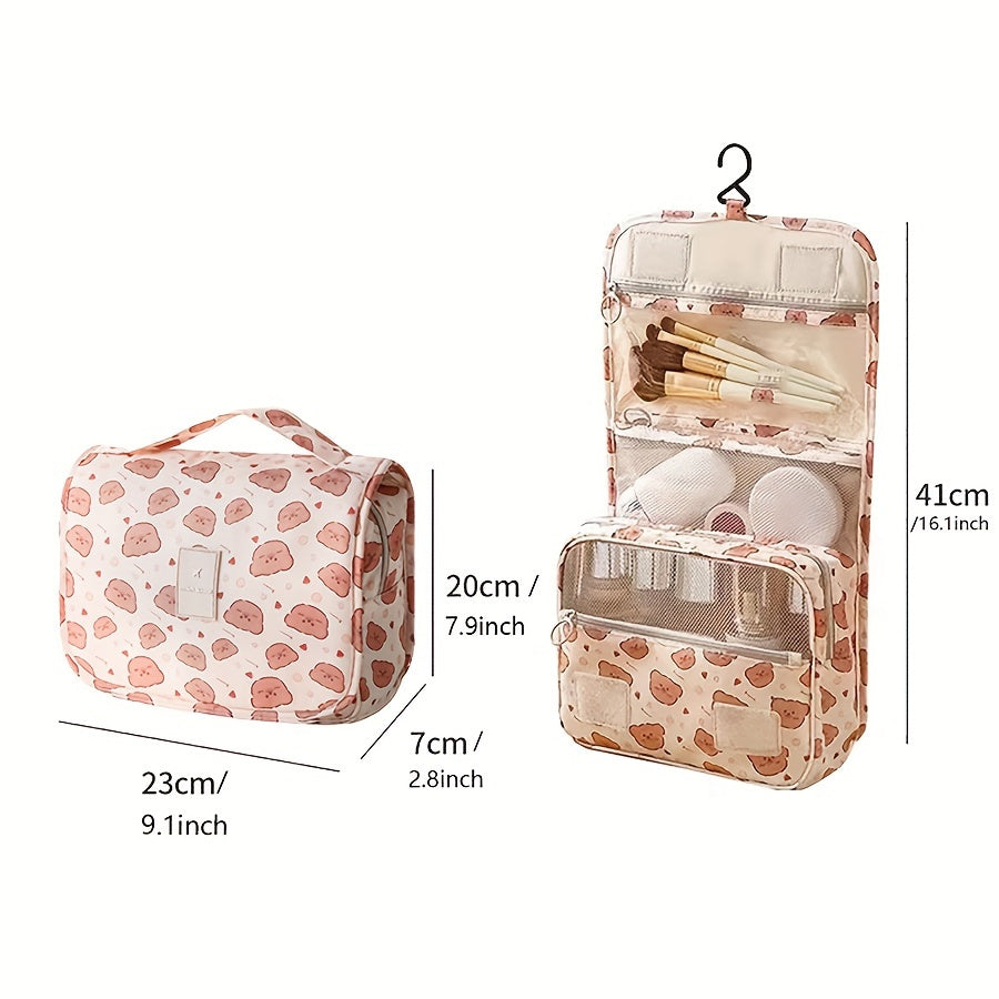 Borsa da toilette appesa, motivo cartoni animati, tasche multiple, dimensioni 23x20x7 cm chiusa, 41 cm aperta, ideale per viaggi e organizzazione.