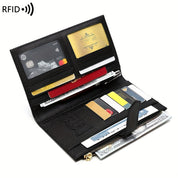 Portafoglio nero in pelle con protezione RFID, scomparti per carte di credito, banconote e documenti, chiusura con cerniera dorata.