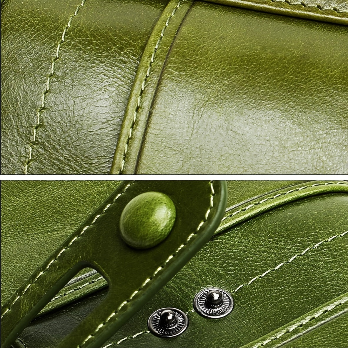 Dettaglio di una borsa in pelle verde con cuciture visibili e chiusure metalliche. Accessorio moda elegante e di alta qualità.