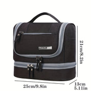 Borsa da viaggio nera con manico, doppia cerniera, dimensioni 25x13x21 cm. Ideale per organizzare accessori da viaggio. Design compatto e funzionale.