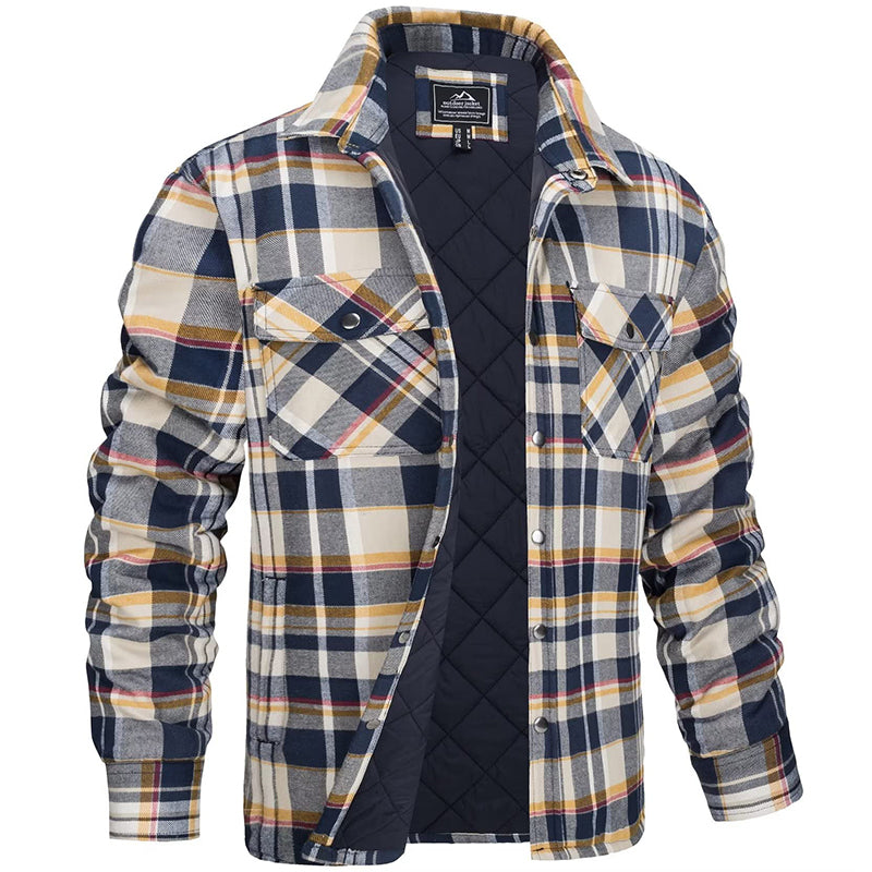Camicia a quadri da uomo in flanella, colori blu, bianco e giallo, con fodera trapuntata. Ideale per l'inverno, stile casual e confortevole.