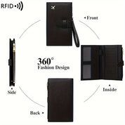 Portafoglio nero in pelle con design a 360°, protezione RFID, scomparti interni per carte, chiusura con cerniera, cinturino da polso.