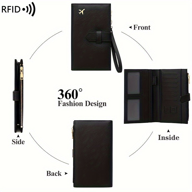 Portafoglio nero in pelle con design a 360°, protezione RFID, scomparti interni per carte, chiusura con cerniera, cinturino da polso.