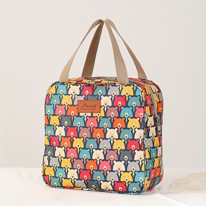Borsa termica colorata con stampa di orsetti multicolore, manici beige, ideale per picnic e viaggi. Design vivace e funzionale.