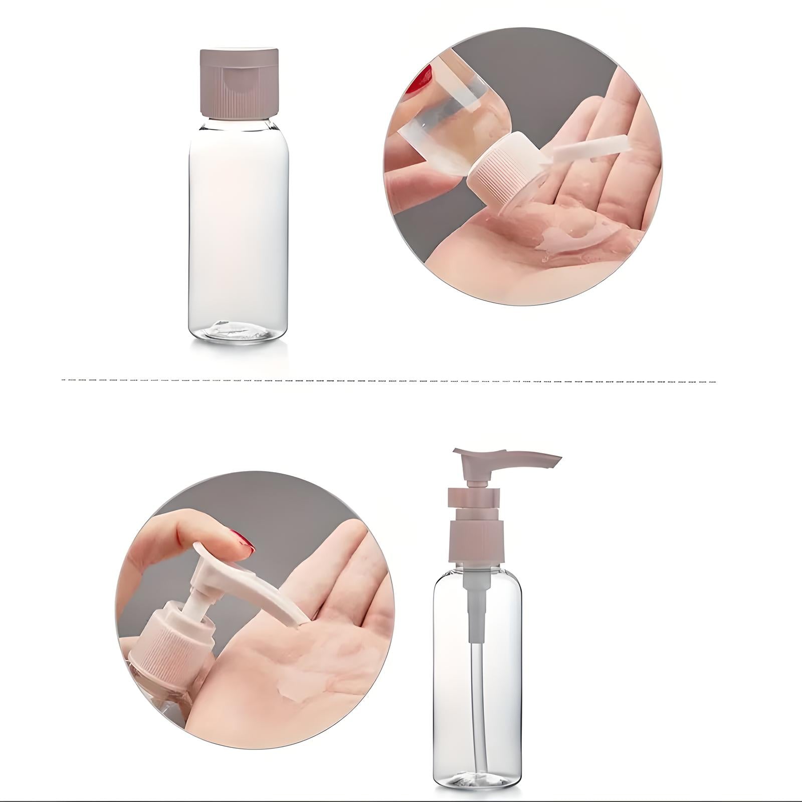 Bottiglia trasparente con pompa dosatrice, ideale per sapone liquido o disinfettante mani. Design compatto, perfetto per viaggi e uso quotidiano.