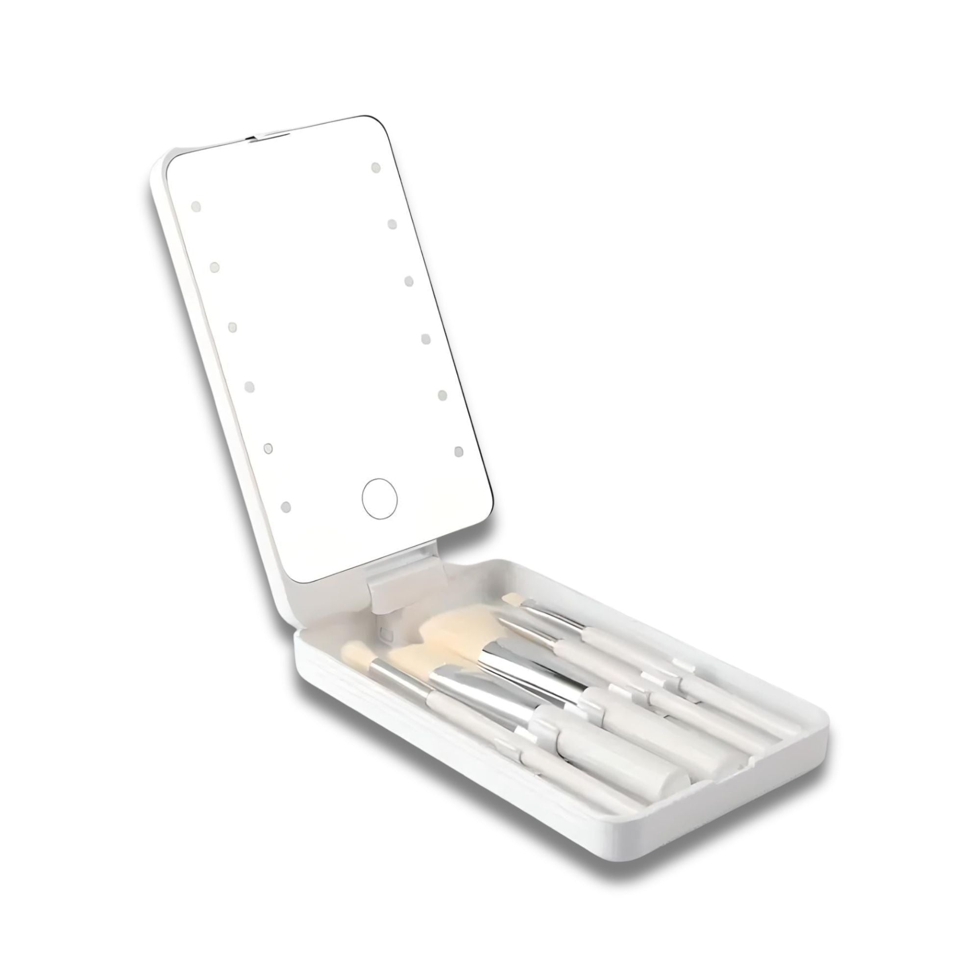 Set pennelli trucco con specchio LED portatile, custodia bianca compatta, ideale per viaggi, cosmetici, bellezza, accessori make-up professionali.
