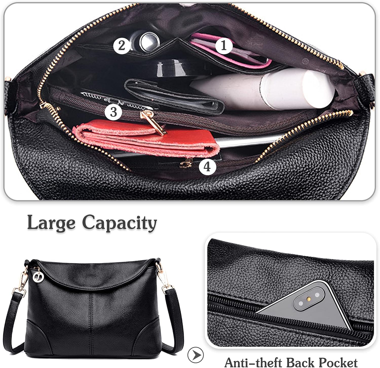 Borsa a tracolla nera in pelle con ampia capacità, tasca posteriore antifurto, scomparti multipli per organizzazione, ideale per donna.
