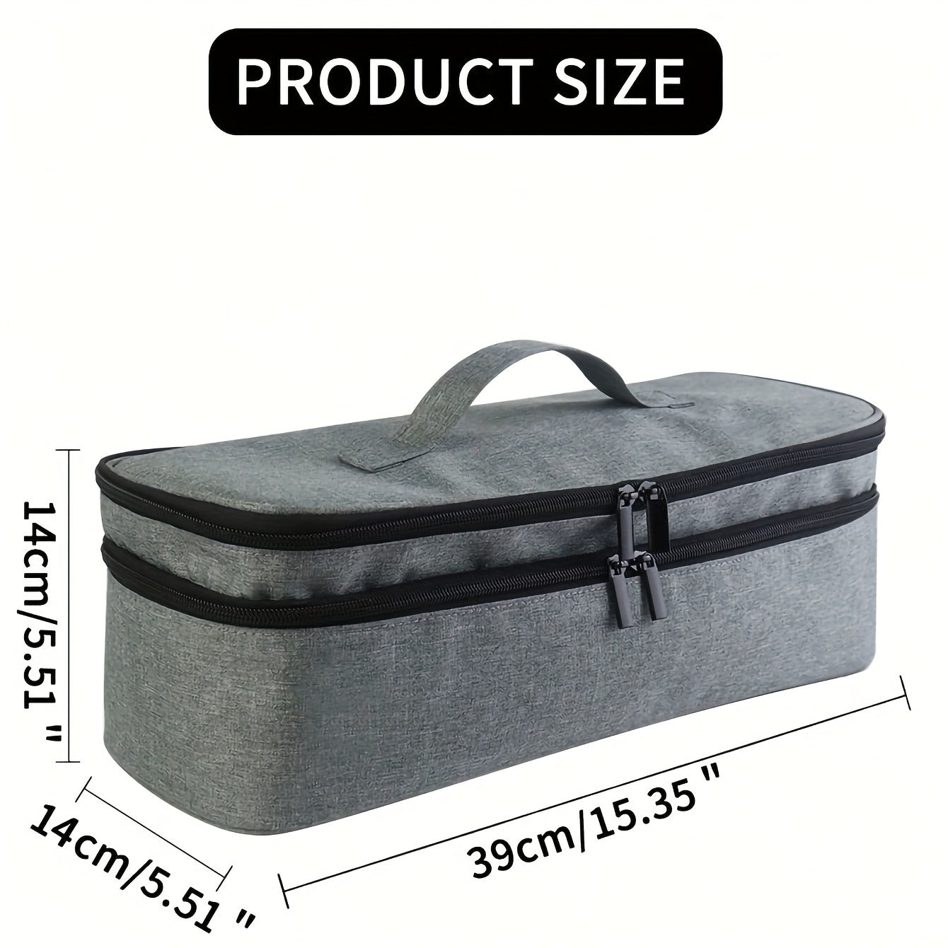 Borsa organizer grigia con doppia cerniera, manico superiore, dimensioni 39x14x14 cm. Ideale per viaggi, accessori, cosmetici.