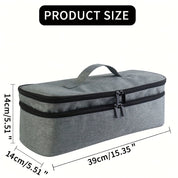 Borsa organizer grigia con doppia cerniera, manico superiore, dimensioni 39x14x14 cm. Ideale per viaggi, accessori, cosmetici.