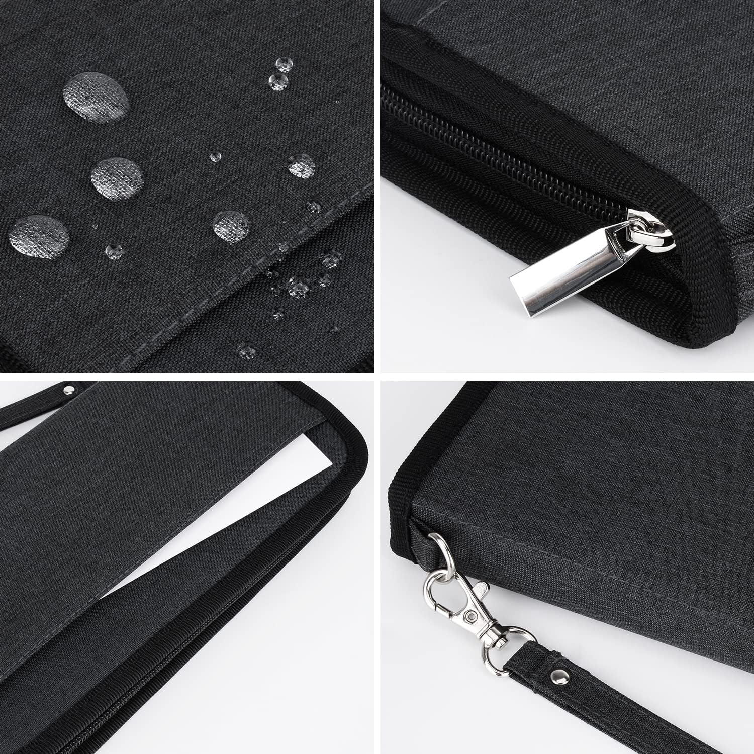 Custodia tablet impermeabile nera con cerniera robusta, tasca interna e tracolla regolabile. Design elegante e resistente.