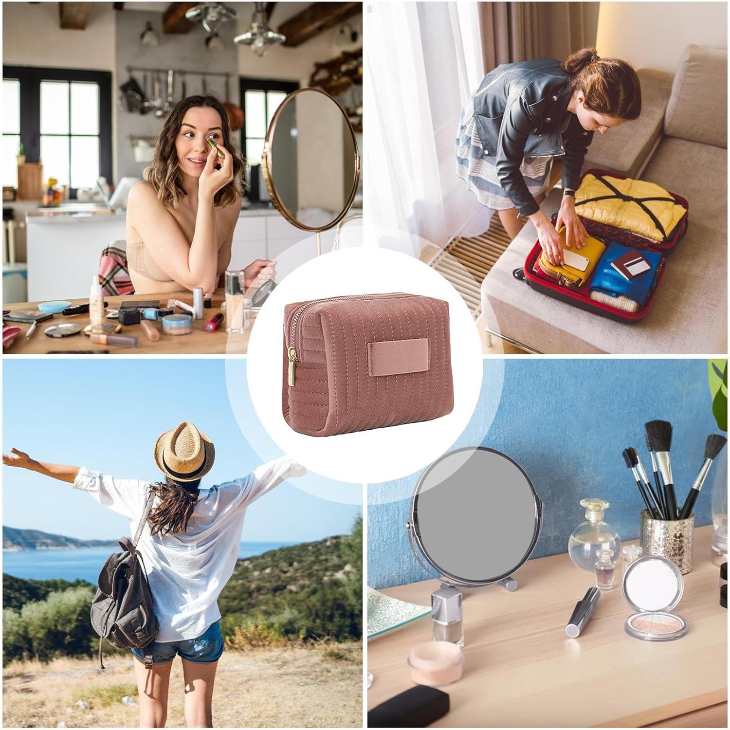 Astuccio da trucco marrone su sfondo collage: donna si trucca, prepara valigia, esplora natura. Accessori cosmetici, viaggio, bellezza.