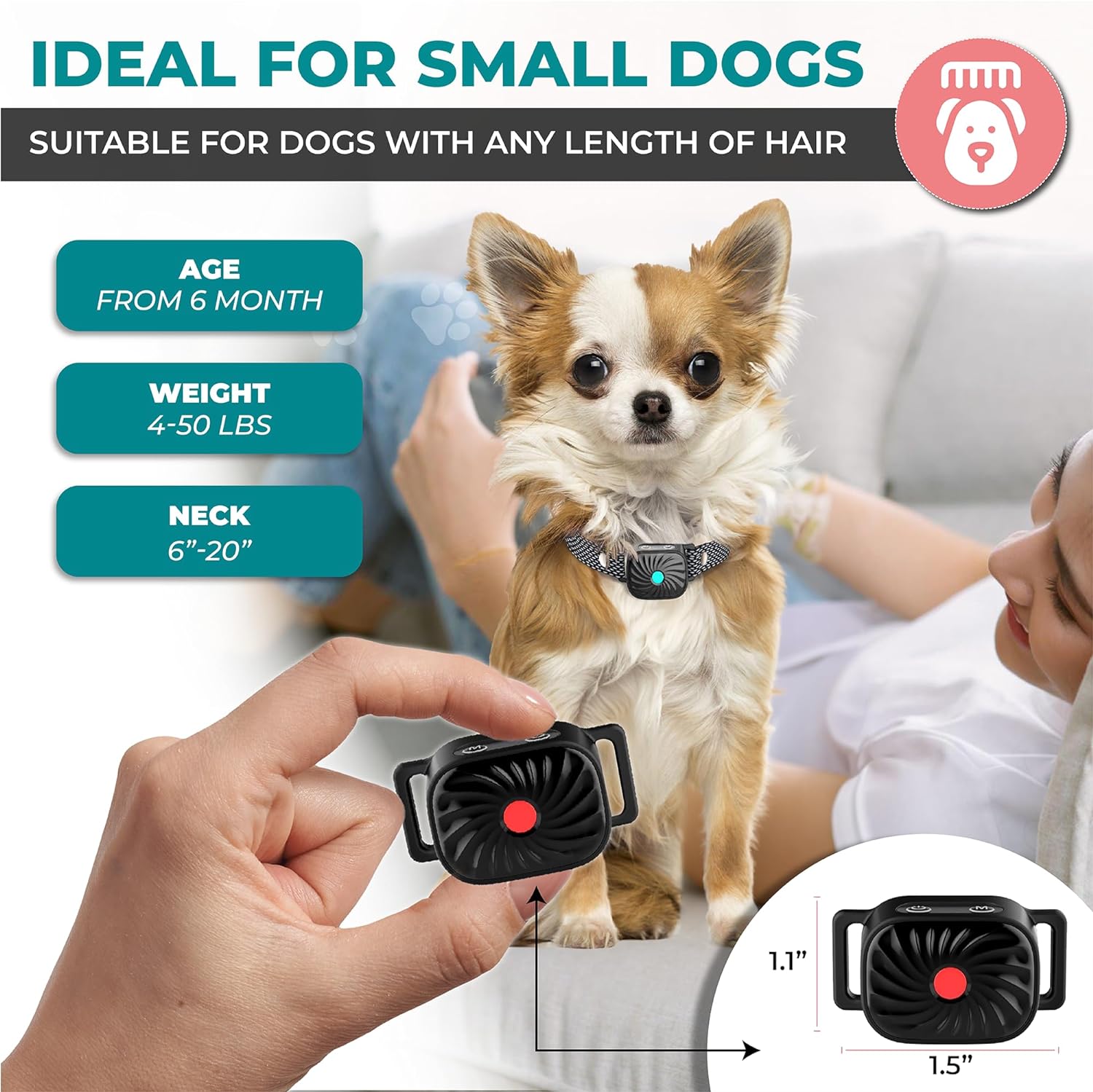 Collare antiabbaio per cani di piccola taglia, adatto da 6 mesi, peso 2-20 kg, circonferenza collo 15-50 cm. Design compatto, efficace per ogni tipo di pelo.