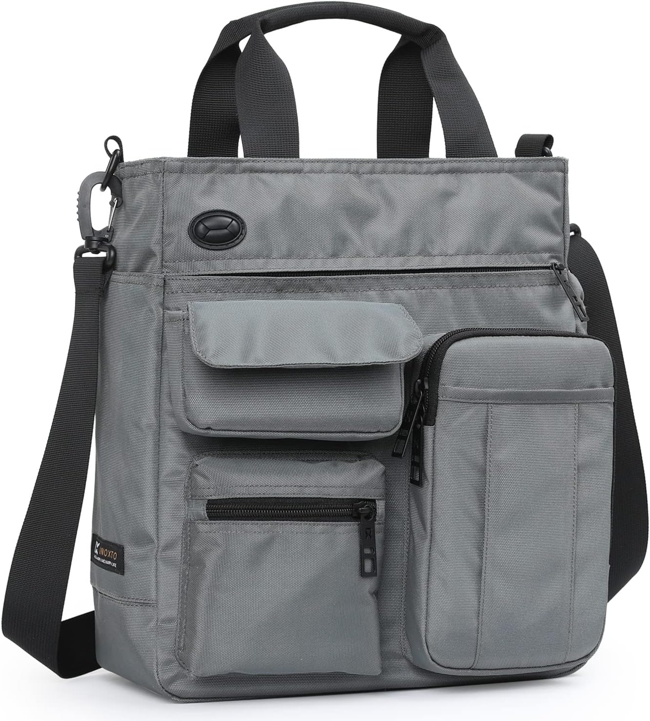 Borsa a tracolla grigia multifunzione in nylon, con tasche frontali con zip e patta, manici e tracolla regolabile. Ideale per lavoro e viaggio.