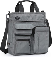 Borsa a tracolla grigia multifunzione in nylon, con tasche frontali con zip e patta, manici e tracolla regolabile. Ideale per lavoro e viaggio.