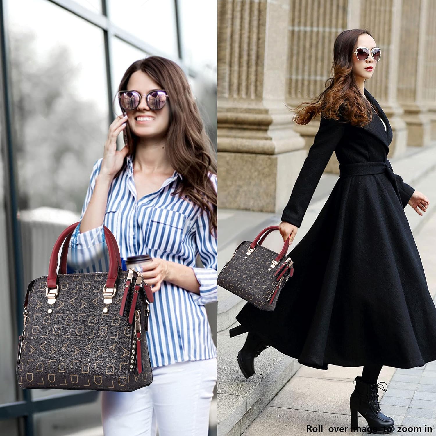 Borsa a mano elegante con motivo geometrico, manici rossi, indossata da donne alla moda. Accessorio di tendenza per look casual e formali.