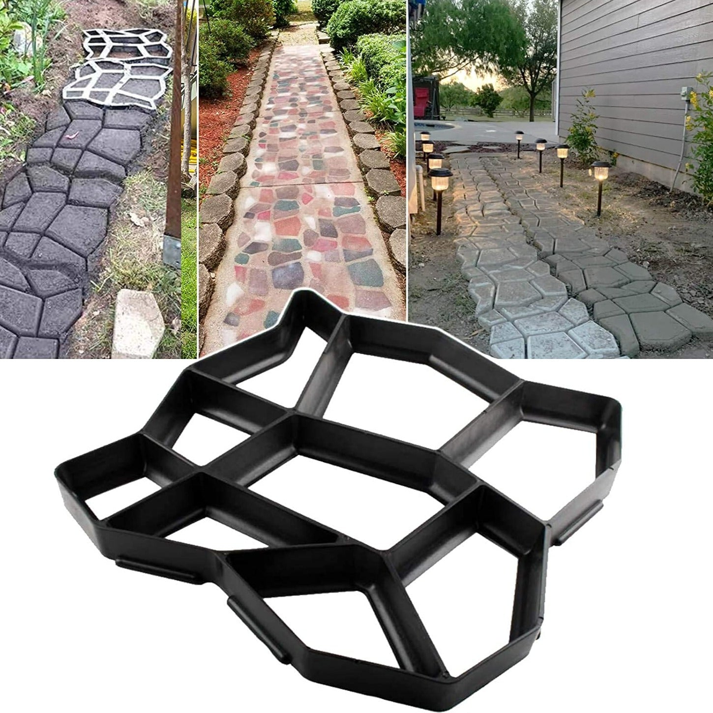 Stampo per pavimentazione giardino in plastica nera, ideale per creare percorsi personalizzati. Perfetto per vialetti fai-da-te e decorazioni esterne.