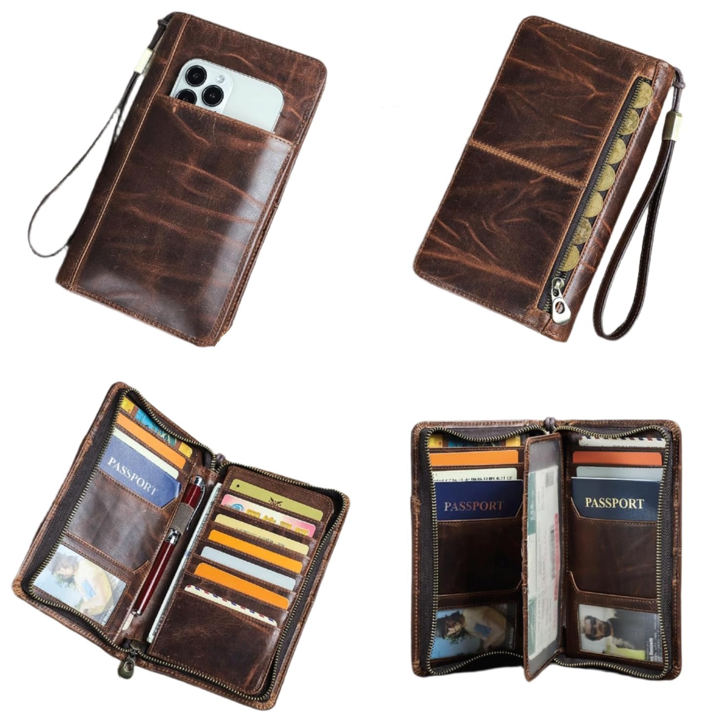 Portafoglio in pelle marrone con cerniera, tasche per carte di credito, passaporto e smartphone. Design elegante e funzionale per viaggiatori.