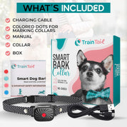Collare anti-abbaio per cani TrainTail, senza scosse, con cavo di ricarica, manuale, punti colorati per marcatura, confezione inclusa.