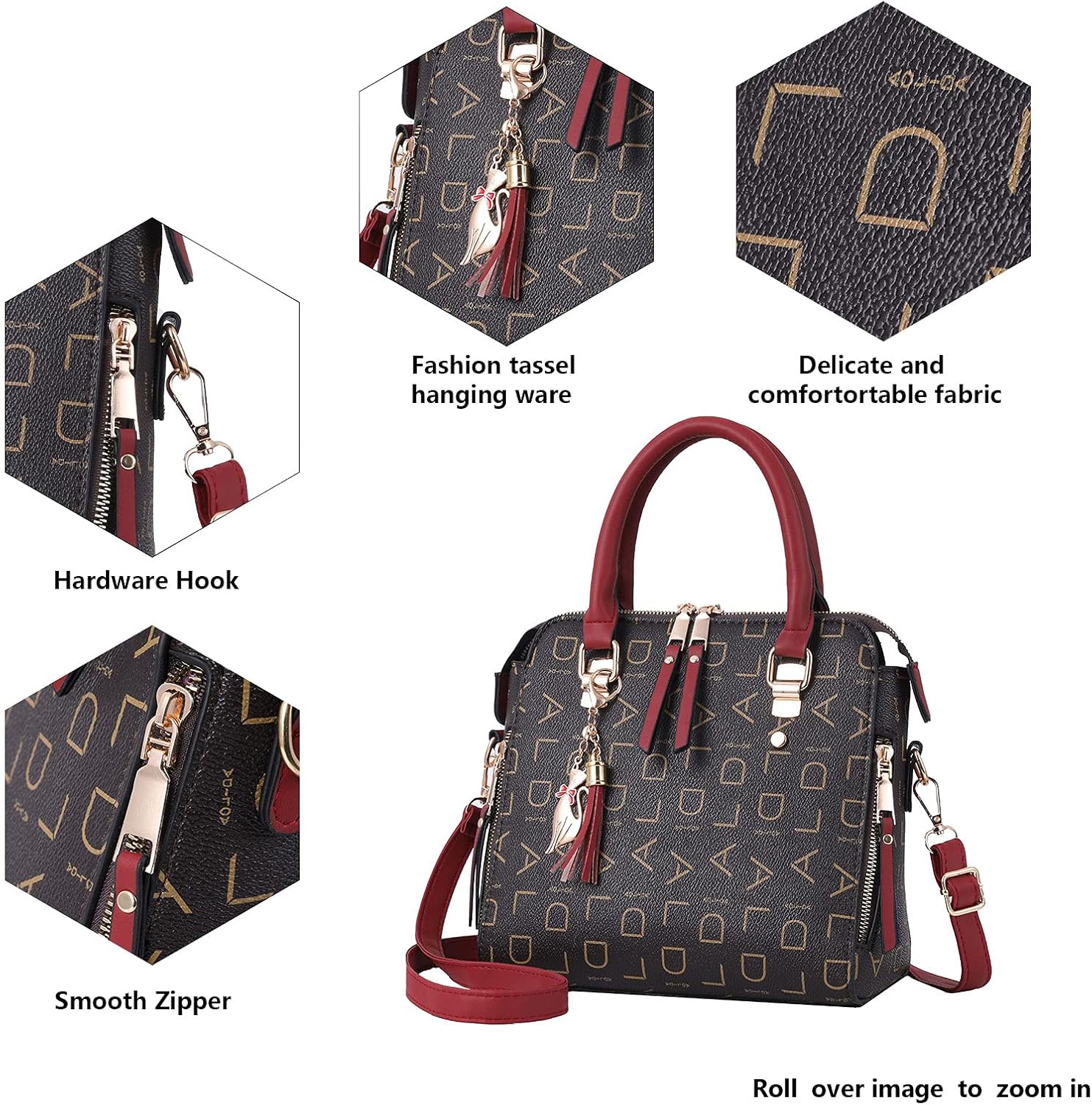 Borsa a mano elegante in pelle sintetica nera con dettagli rossi, cerniera liscia, gancio hardware, nappina moda, tessuto confortevole.