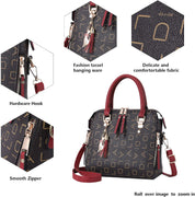 Borsa a mano elegante in pelle sintetica nera con dettagli rossi, cerniera liscia, gancio hardware, nappina moda, tessuto confortevole.