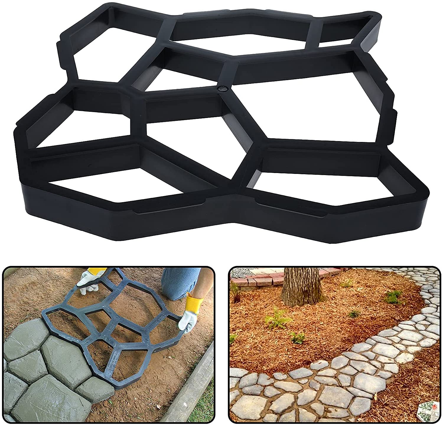 Stampo per pavimentazione in plastica nera, ideale per creare percorsi in giardino. Include immagini di utilizzo su terreno e intorno ad alberi.
