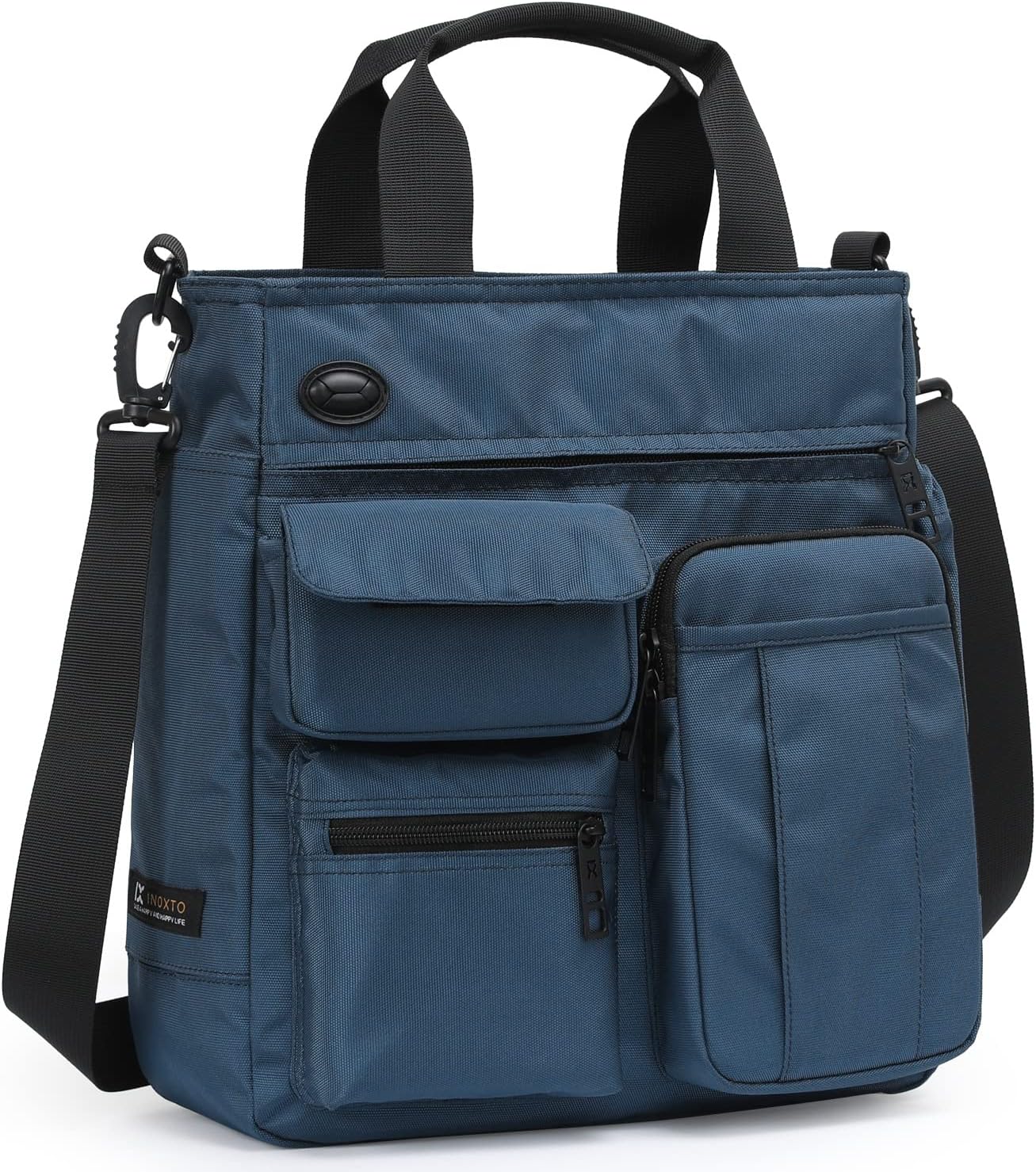 Borsa a tracolla blu in nylon impermeabile con tasche multiple, manici e tracolla regolabile. Design pratico e resistente per uso quotidiano.