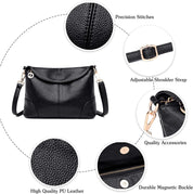 Borsa a tracolla in pelle PU nera, cuciture precise, tracolla regolabile, fibbia magnetica durevole, accessori di qualità. Elegante e resistente.