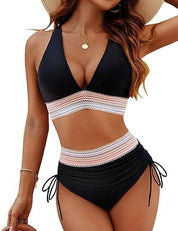 Costume da bagno donna nero a vita alta, con dettagli a righe colorate, top a triangolo, perfetto per l'estate e la spiaggia.