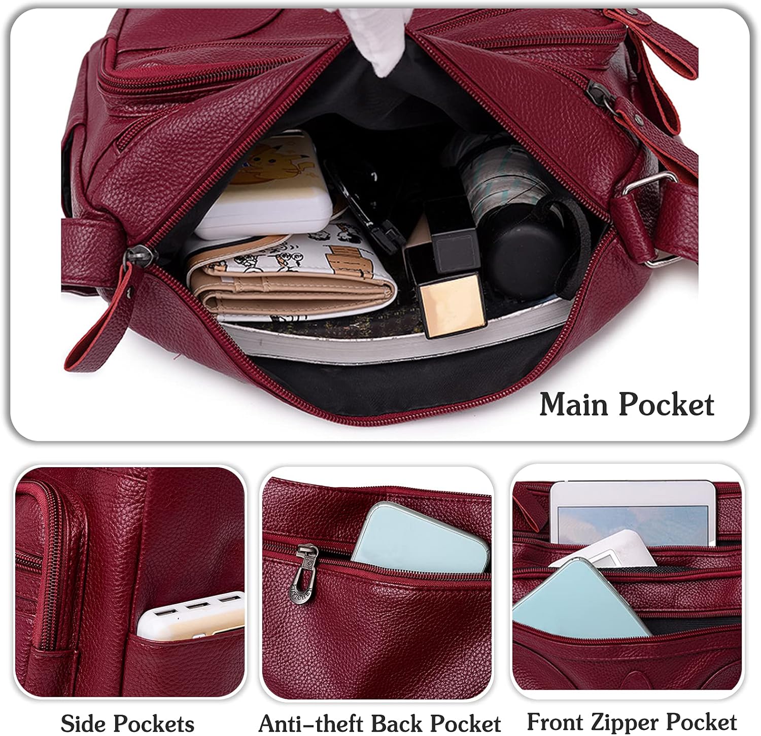 Borsa a tracolla in pelle rossa con tasche multiple, tra cui tasca principale, tasca frontale con zip e tasca posteriore antifurto.