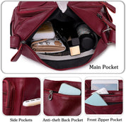 Borsa a tracolla in pelle rossa con tasche multiple, tra cui tasca principale, tasca frontale con zip e tasca posteriore antifurto.