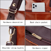 Borsa in pelle marrone con tasca posteriore per smartphone, decorazioni in metallo, fibbia tracolla e cerniera hardware. Accessori moda eleganti.