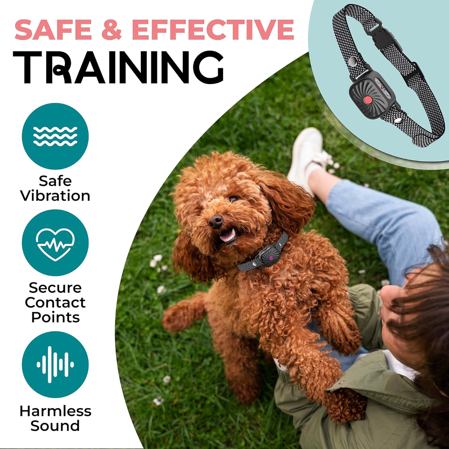 Collare addestramento cani sicuro ed efficace, con vibrazione, punti di contatto sicuri e suono innocuo. Ideale per addestramento cani di piccola taglia.