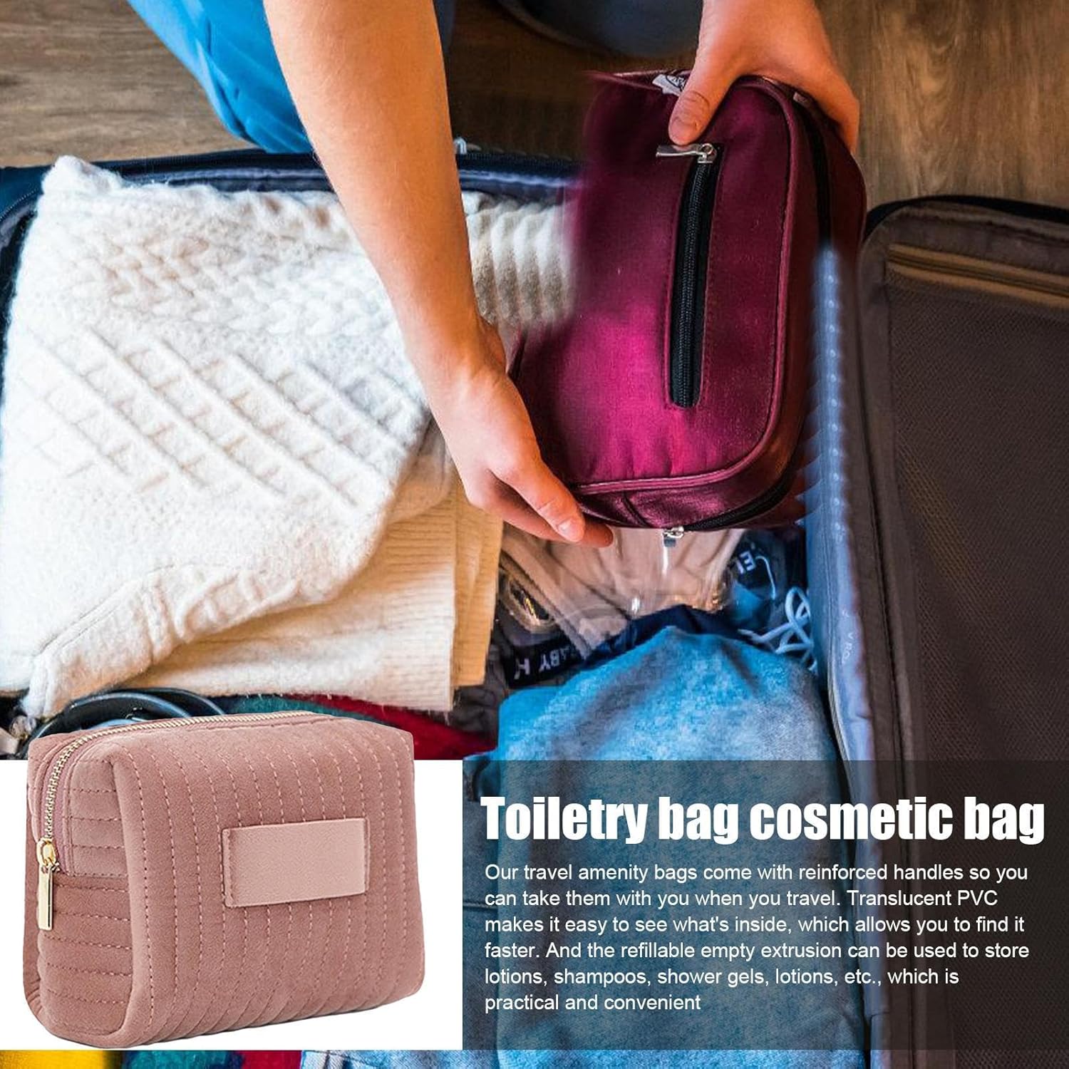 Persona che mette una borsa da toilette rossa in una valigia aperta con vestiti. Borsa cosmetica da viaggio, pratica e resistente, ideale per organizzare articoli da bagno.