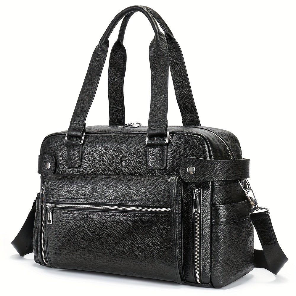 Borsa a tracolla in pelle nera, design elegante con doppie maniglie, tasche con zip, ideale per lavoro e viaggio. Accessorio moda uomo.